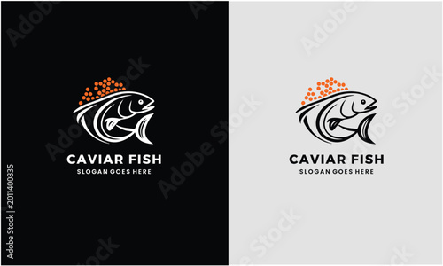 Fotografie Caviar fish logo design with orange roe on black and white background