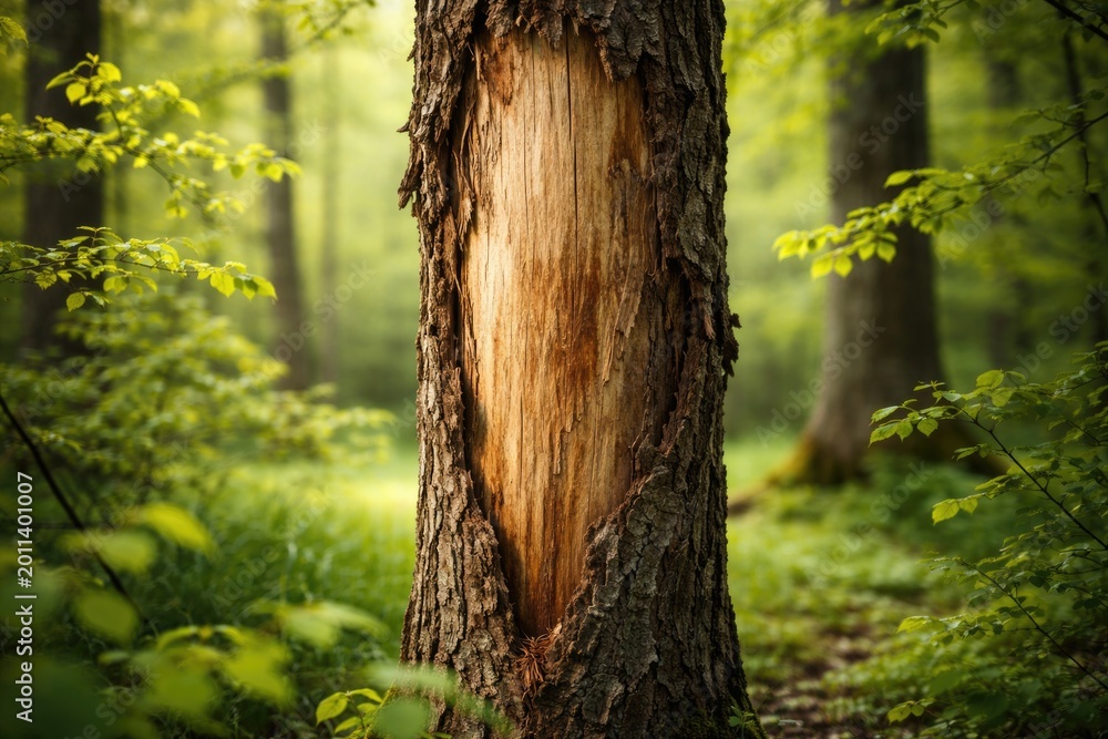 Fototapeta premium Zoomed-in shot of tree trunk missing outer bark framed by lively spring foliage in serene woods