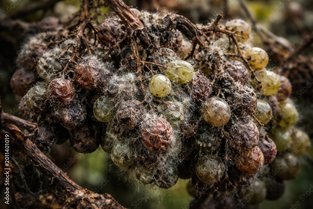 Naklejka premium Mildew and mold damage on grapes causing vine deterioration