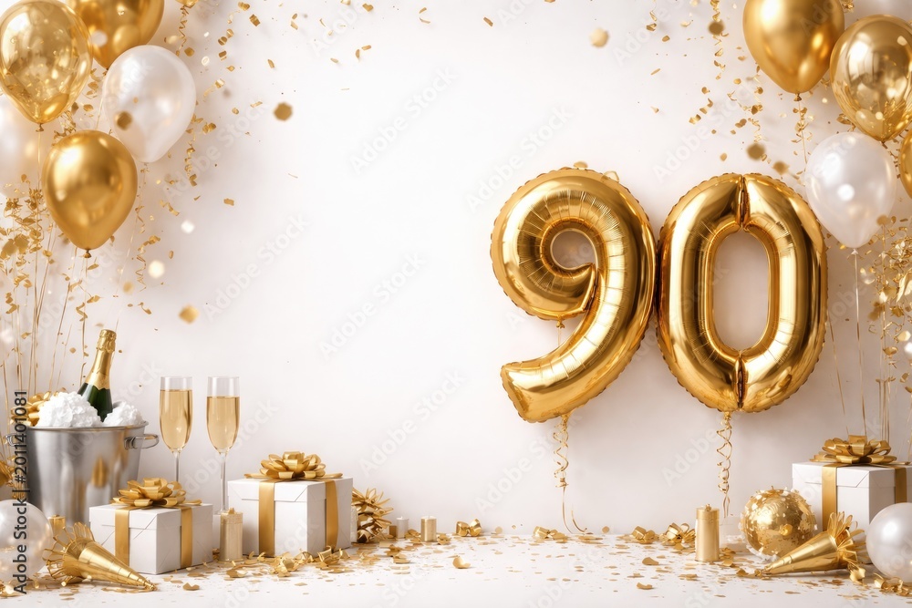 Obraz premium Celebration setup with gold number ninety balloon and large text space on white backdrop