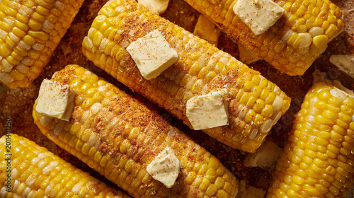Overhead composition of corn cobs with butter and seasoning, food styling, natural light