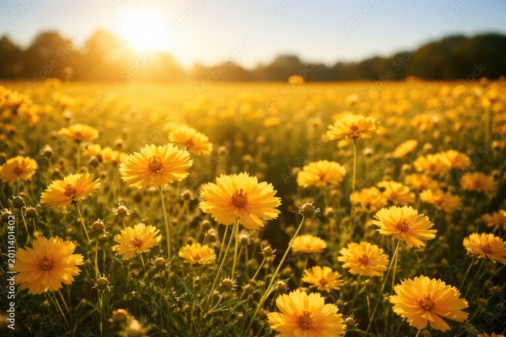 Fototapeta premium Golden flowers flourishing under bright warm Sunday sun in farm fields with clear copy space area