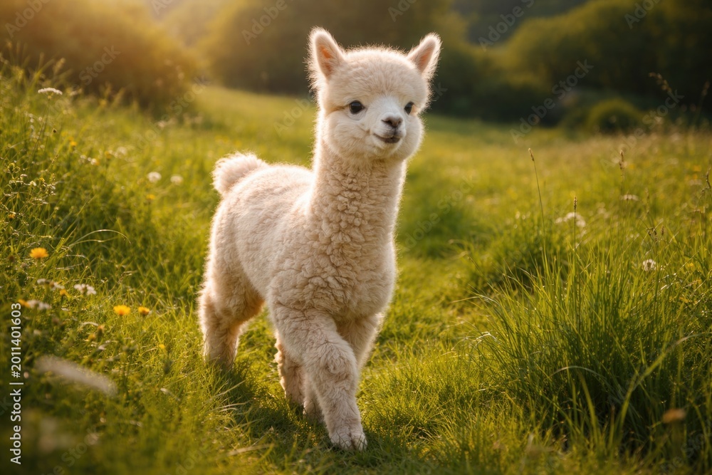 Fototapeta premium Happy baby alpaca wandering freely through lush green grassland