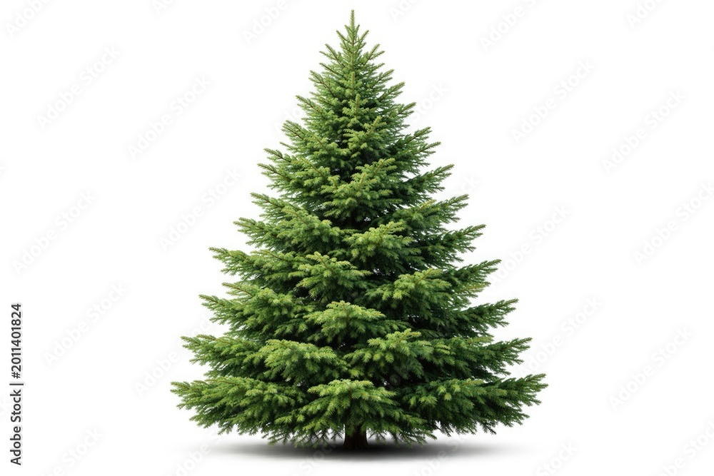 Fototapeta premium Isolated green pine Christmas tree captured in close-up with white backdrop