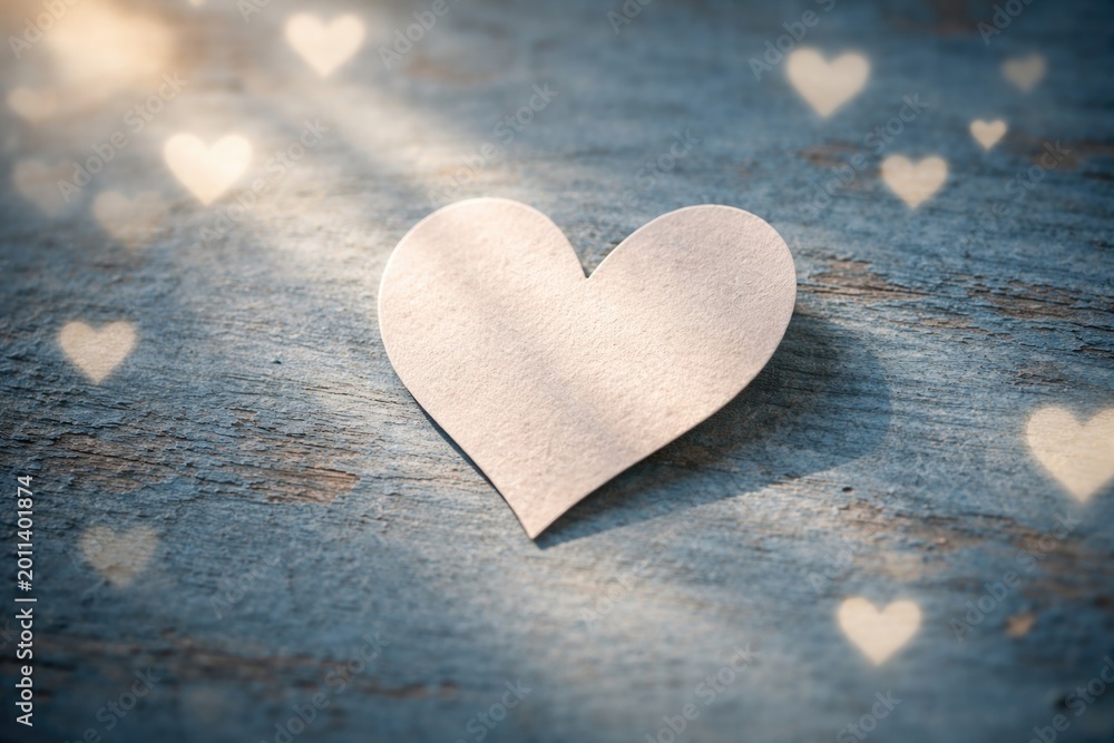 Fototapeta premium Rough blue panel background showcasing heart shaped paper cutout and soft daylight