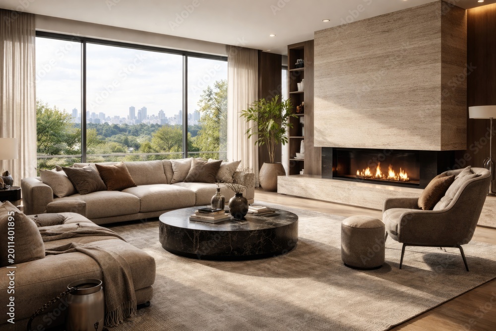 Naklejka premium Stylish living space with comfortable seating and fireplace under large window in modern apartment