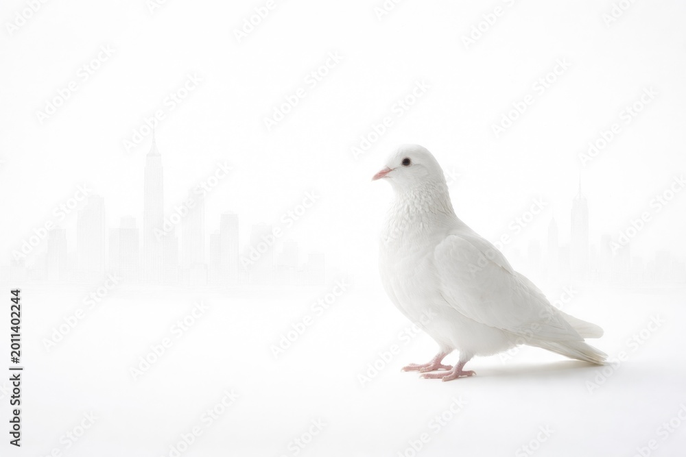 Obraz premium Serene white bird positioned on a blank white canvas with faint city outlines