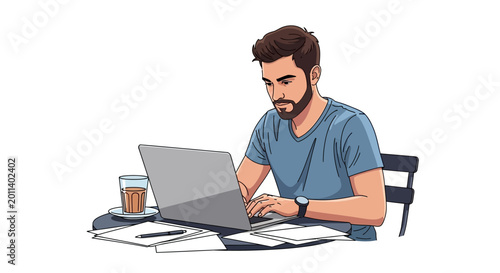 Illustration of a young man working on his laptop at a desk.