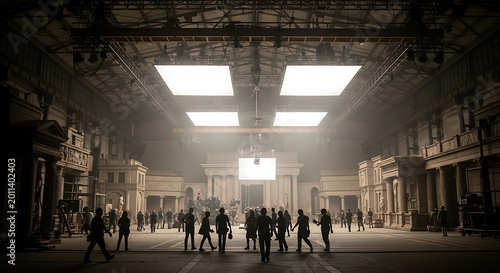 Large professional movie studio with silhouettes of film crew and lighting