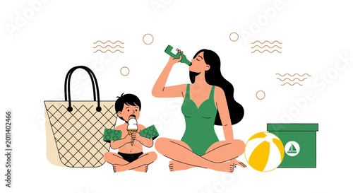 A mother and child enjoying a sunny day at the beach.