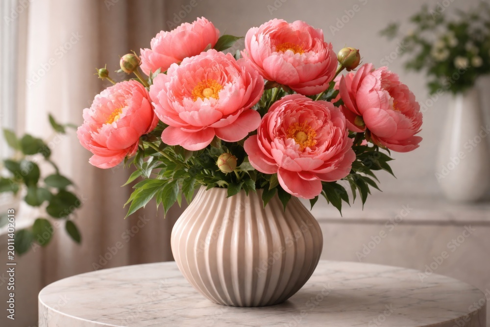 Obraz premium Radiant coral peonies in full bloom within a modern floral vase