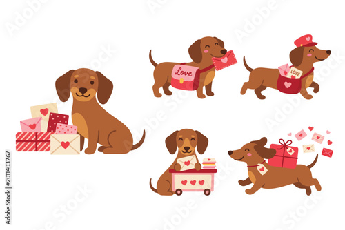 Valentine dachshund dog element set vector, cute puppy with love letters and gift boxes clip art