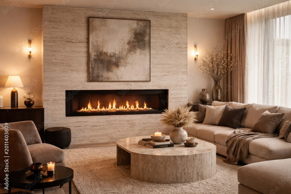 Obraz premium Chic apartment room highlighted by a mounted biofuel fireplace and tasteful decorative pieces