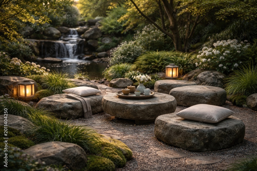 Fototapeta premium Tranquil outdoor relaxation with stone garden seating