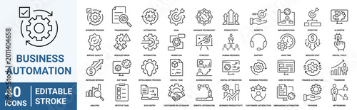 Set of 40 outline icons related to Business automation. Linear icon collection. Editable stroke. Vector illustration