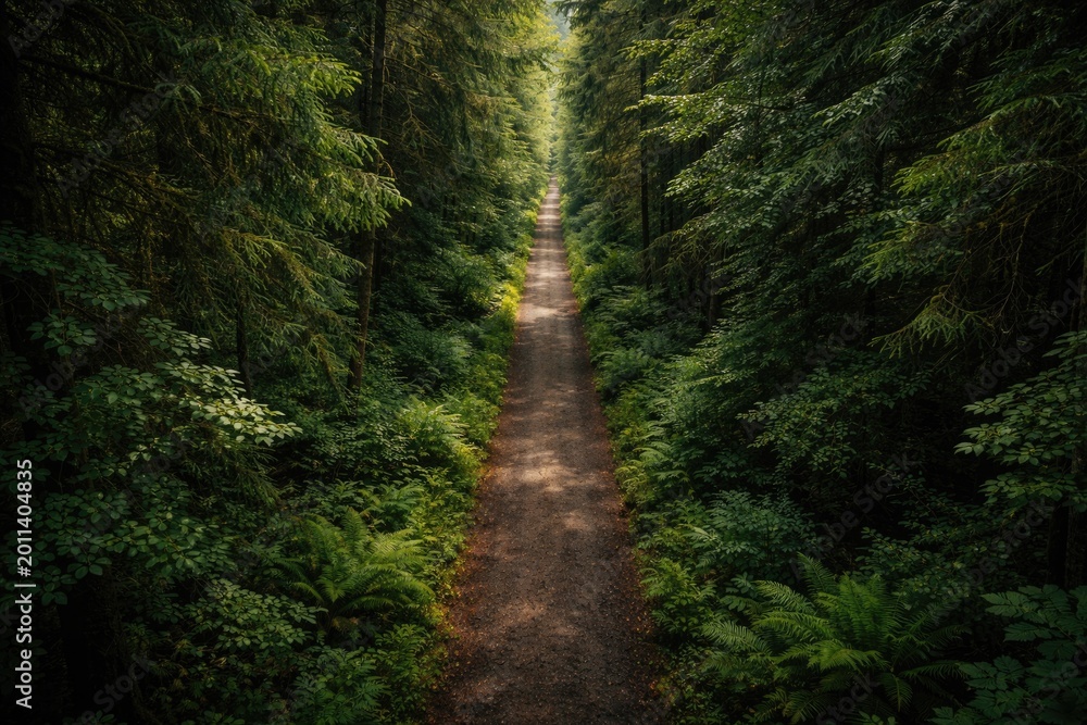 Fototapeta premium Top view of a narrow forest lane bordered by abundant trees and foliage