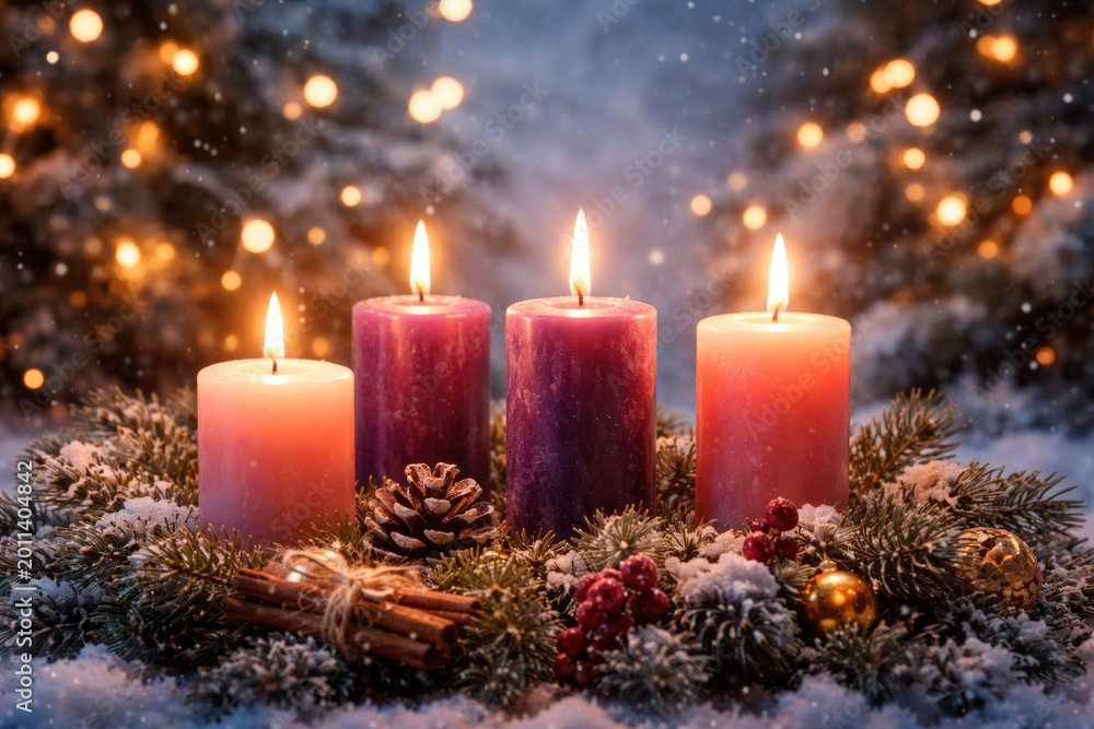 Fototapeta premium Seasonal advent candles glowing softly amidst sparkling lights and a frosty snowy backdrop