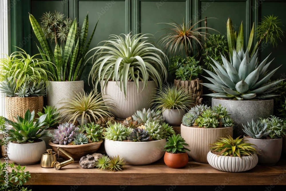 Fototapeta premium Stylish home interior with a packed garden of air plants and succulents in modern pots against green paneled backdrop