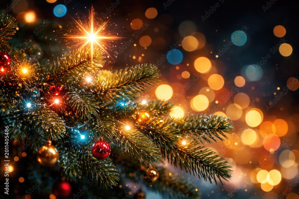 Fototapeta premium Advertising image of a fir branch glowing with a sparkling star and colorful lights with bokeh effects