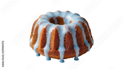 Foto Bundt cake with blue icing drizzled over its fluted sides, isolated on transpare