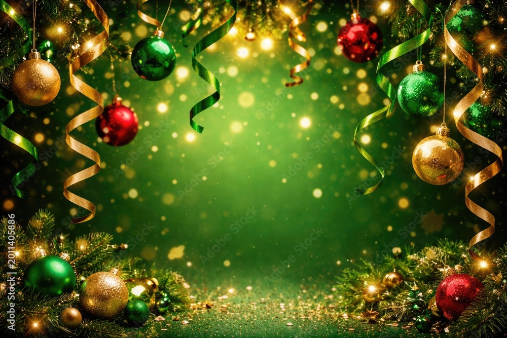 Fototapeta premium Vibrant green holiday background decorated with festive ribbons and baubles