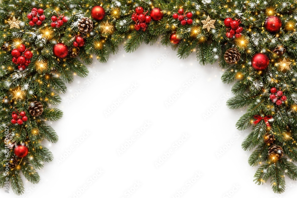 Naklejka premium Wide arch of fresh fir branches creating a festive Christmas border on white background