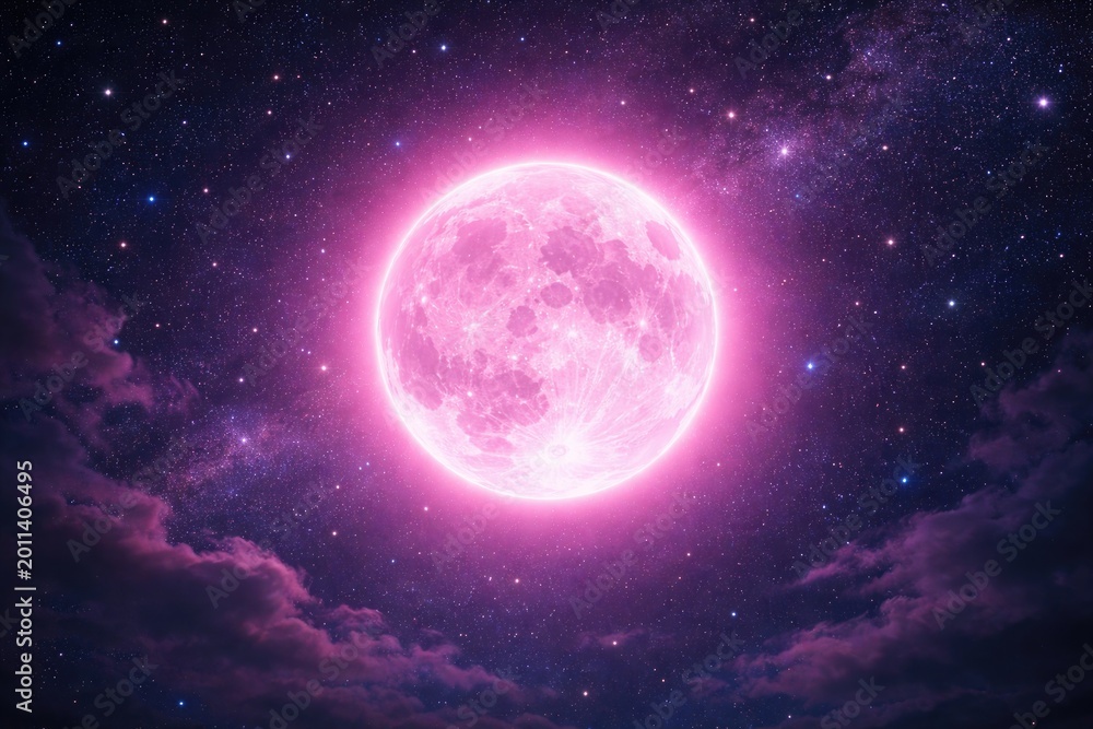 Fototapeta premium Bright pink super moon shining over star-filled night sky with a pink halo backdrop