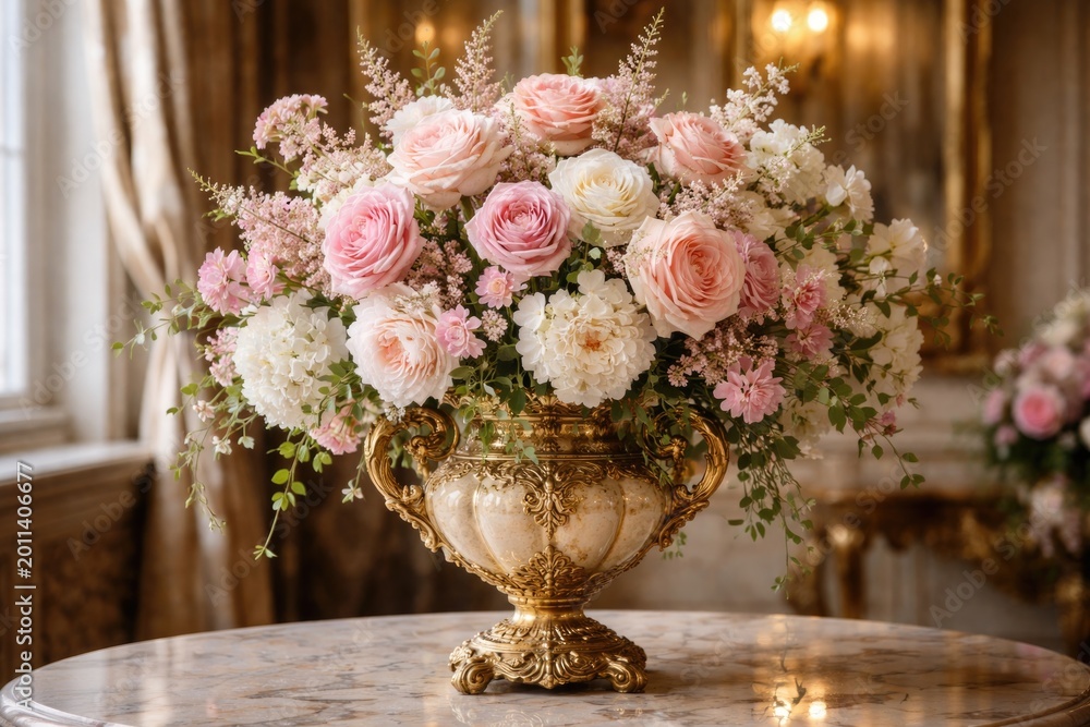 Fototapeta premium Sophisticated floral design with pink and white flowers in an ornate vase