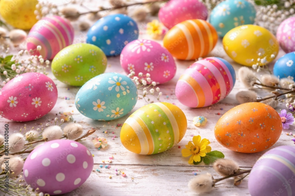 Naklejka premium Brightly painted Easter eggs scattered over white wooden plank surface