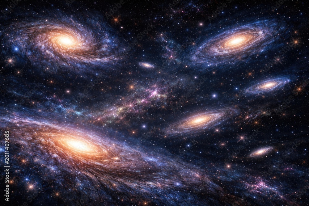 Fototapeta premium Stunning space vista featuring multiple galaxies spread across the infinite universe