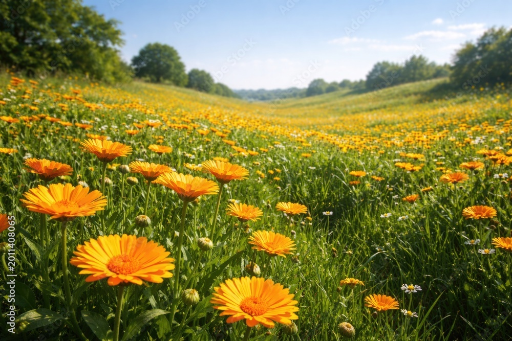 Obraz premium Sunny meadow filled with fresh calendula flowers and green grass under clear sky