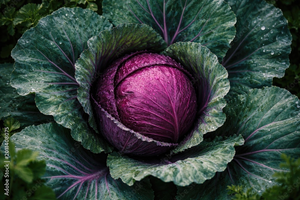 Obraz premium Overhead view highlighting a nutritious red cabbage with surrounding verdant leaves in nature