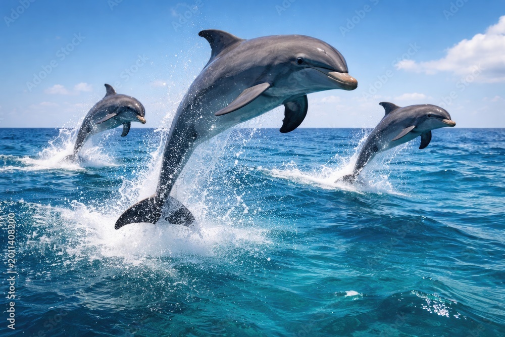 Fototapeta premium Lively bottlenose dolphins displaying playful jumps across radiant blue sea