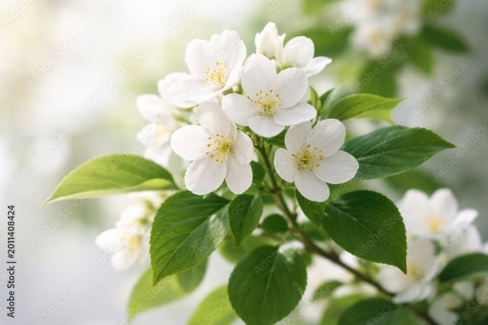 Fototapeta premium Light background featuring a white flowering plant with tender petals and verdant leaves