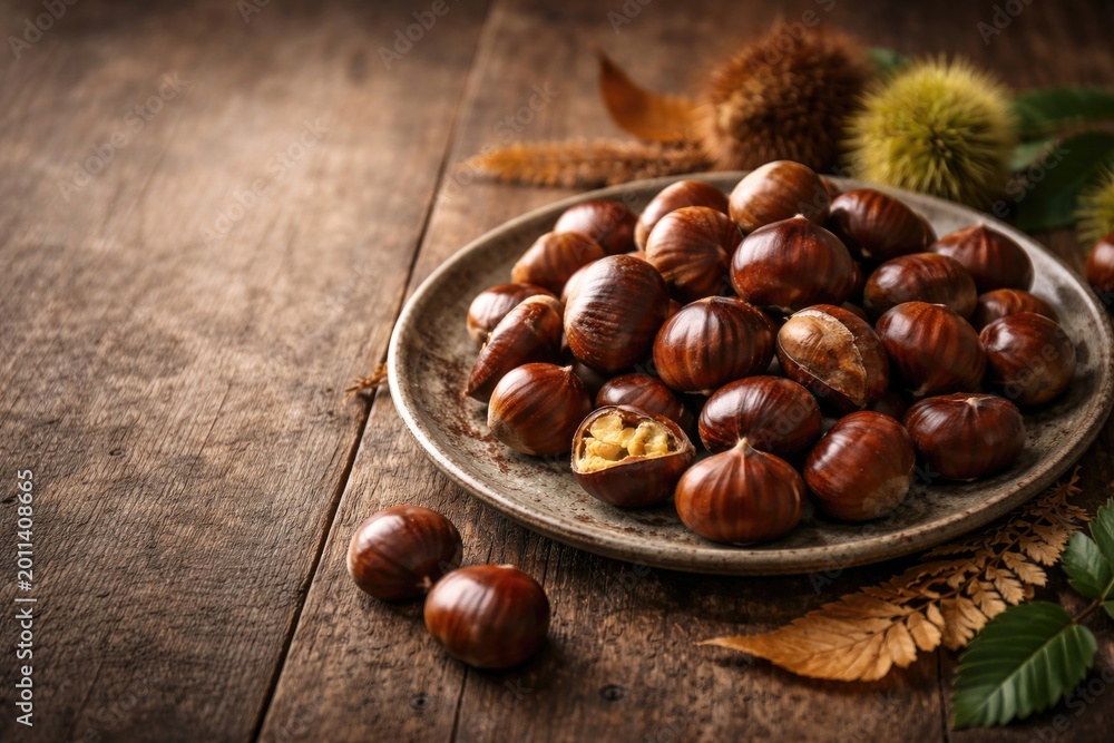 Fototapeta premium Rustic plate presentation of chestnut nuts with clear copy space on left side