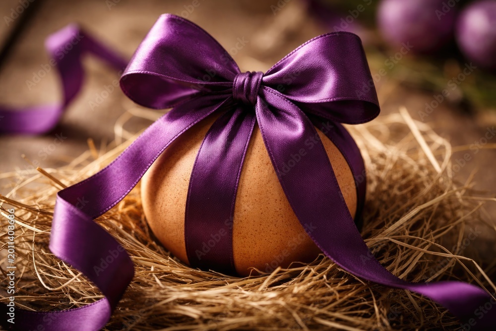 Obraz premium Organic raw Easter egg tied with a deep purple bow and wrapped as a present