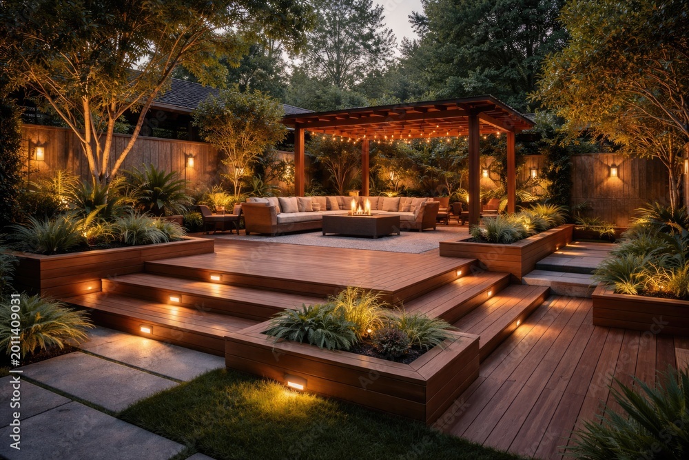 Obraz premium Upgraded wooden courtyard with raised deck and ambient lighting