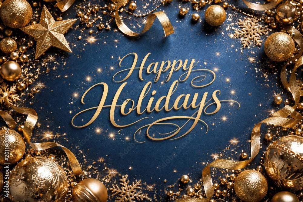 Obraz premium Holiday celebration card design showcasing glamorous gold ornaments on a blue background