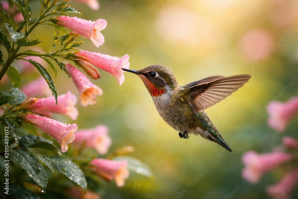 Fototapeta premium Tiny hummingbird sipping nectar from a blooming plant