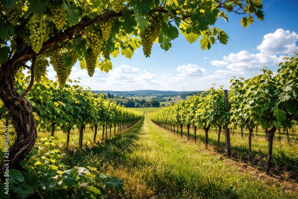 Fototapeta premium Summer vineyard scene with lively grapevines waving above vibrant green fields and blue sky