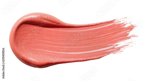 Obraz na plátně Coral pink creamy lipstick swatch with shimmer, isolated on transparent backgrou