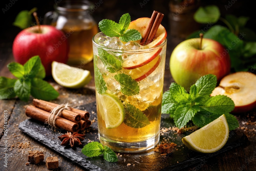 Fototapeta premium Apple cider mojito cocktail styled with fresh cinnamon and mint leaves served on a black stone slab accented by crisp apples