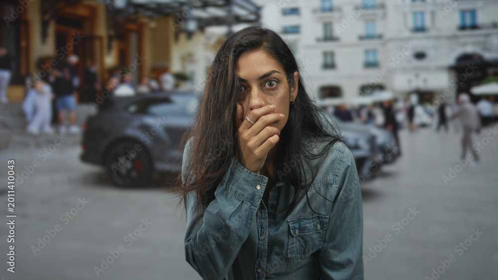 Fototapeta premium Woman with hand to mouth and open mouth gesture in denim shirt on street near parked car and buildings, wide eyed expression; surprise urban moment.