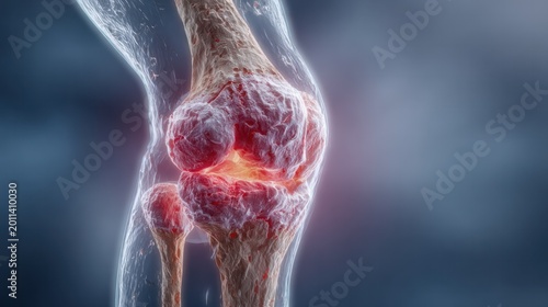 Knee anatomy highlighting inflammation: A detailed medical illustration showcasing the anatomy of a knee joint, with emphasis on inflammation.