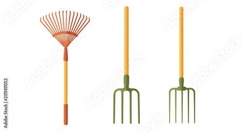 Tableau sur toile Gardening Tools: Leaf Rake and Pitchforks on White Background