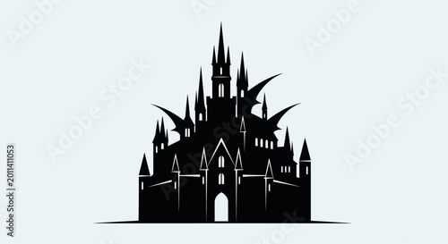 Bild auf Leinwand Gothic Castle Silhouette with Dragon Wings, Dark Fantasy Architecture