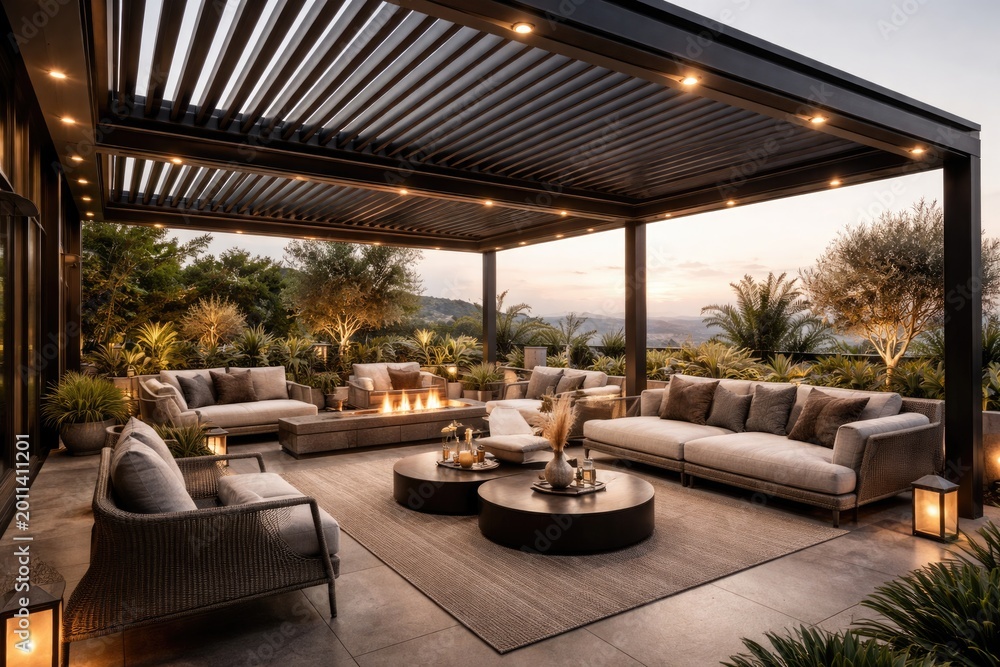 Fototapeta premium Sophisticated terrace area equipped with flexible aluminum pergolas for upscale outdoor use