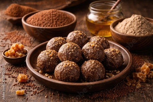 Healthy finger millet confections made with ghee and jaggery served with millet grains and powder