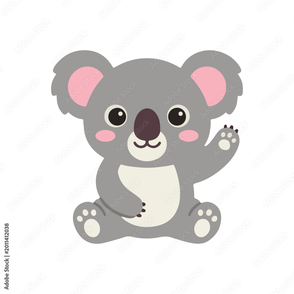 Fototapeta premium Happy Baby Koala Sitting and Waving Hand Flat Vector Illustration