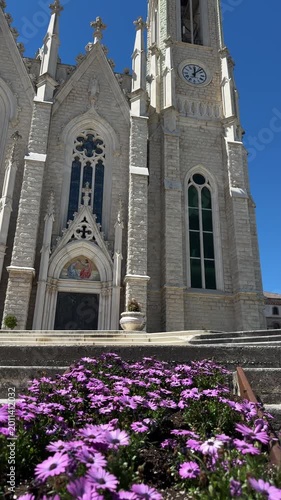 Santuario dell’Addolorata in Castelpetroso, Molise Italy, neo gothic catholic church exterior architecture, religious landmark, 4K ProRes